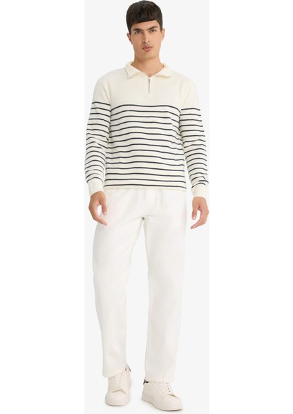 Standart Fit Yarım Fermuarlı Çizgili Triko Kazak F1522AX25AU