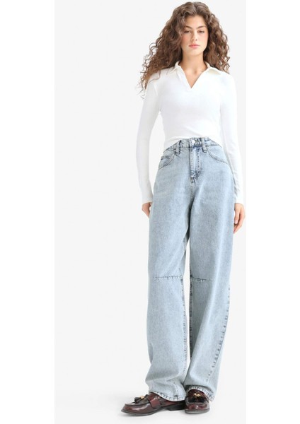 Fitted Polo Yaka Basic Düz Modal Uzun Kollu Beyaz Tişört E7938AX25AU