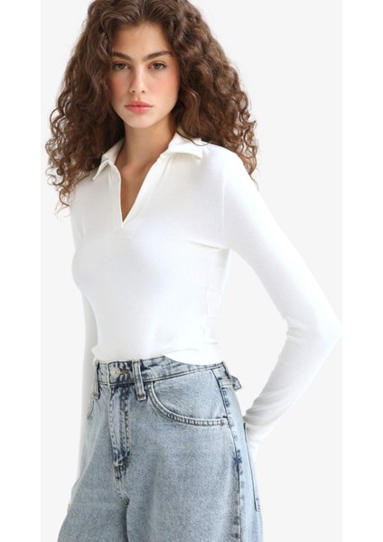 Fitted Polo Yaka Basic Düz Modal Uzun Kollu Beyaz Tişört E7938AX25AU
