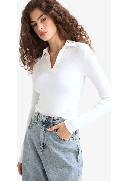 Fitted Polo Yaka Basic Düz Modal Uzun Kollu Beyaz Tişört E7938AX25AU
