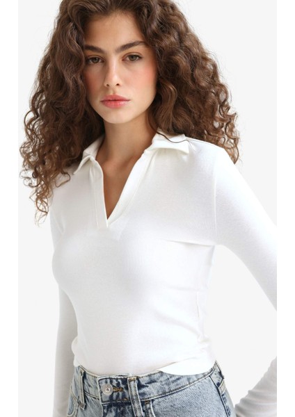 Fitted Polo Yaka Basic Düz Modal Uzun Kollu Beyaz Tişört E7938AX25AU