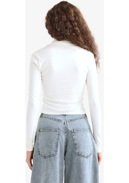 Fitted Polo Yaka Basic Düz Modal Uzun Kollu Beyaz Tişört E7938AX25AU
