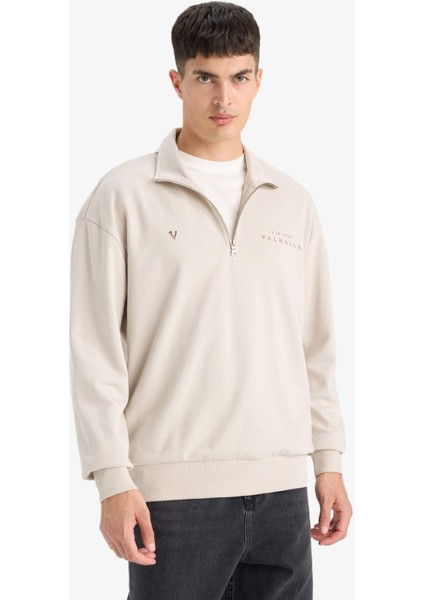Vikings Valhalla Boxy Fit Dik Yaka Fermuarlı Sırt Baskılı Sweatshirt E9298AX25AU