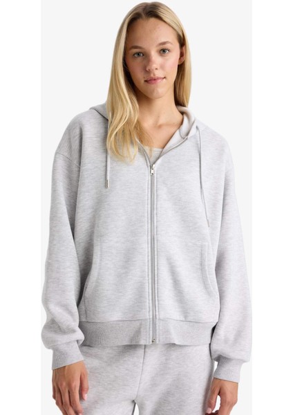 Relax Fit Kapüşonlu Basic Düz Kalın Fermuarlı Sweatshirt C1809AX25AU