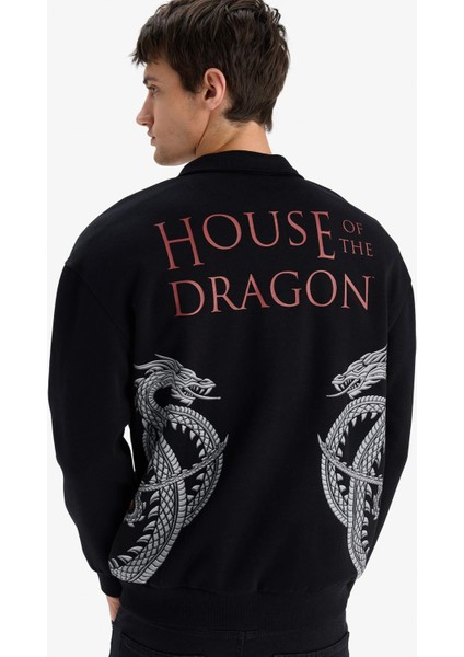 House Of The Dragon Boxy Fit Dik Yaka Fermuarlı Sırt Baskılı Sweatshirt E9338AX25AU