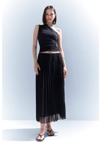 A Kesim Pileli Kısa Kollu Şifon Midi Etek F1524AX25SP