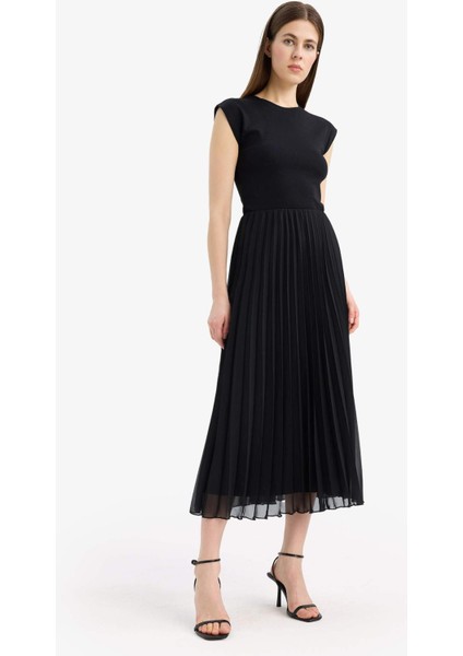 A Kesim Pileli Kısa Kollu Şifon Midi Etek F1524AX25SP