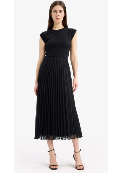 A Kesim Pileli Kısa Kollu Şifon Midi Etek F1524AX25SP