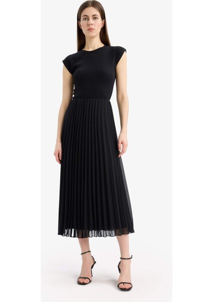 A Kesim Pileli Kısa Kollu Şifon Midi Etek F1524AX25SP