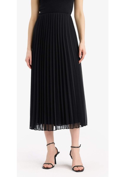 A Kesim Pileli Kısa Kollu Şifon Midi Etek F1524AX25SP