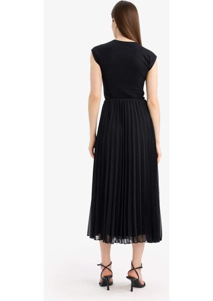 A Kesim Pileli Kısa Kollu Şifon Midi Etek F1524AX25SP