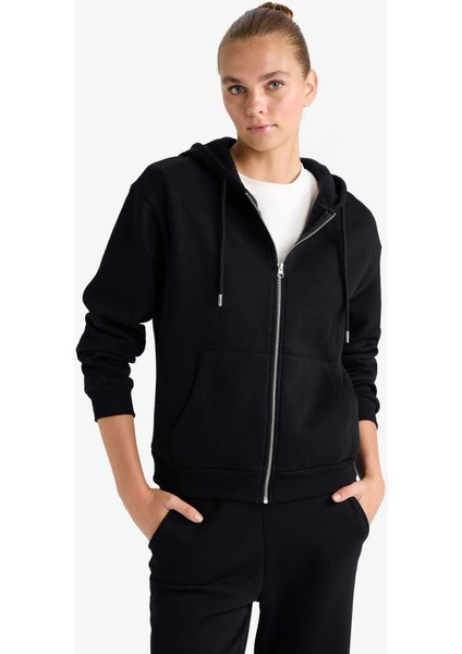 Relax Fit Kapüşonlu Basic Düz Kalın Fermuarlı Sweatshirt C1809AX25AU