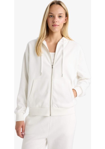 Relax Fit Kapüşonlu Basic Düz Kalın Fermuarlı Sweatshirt C1809AX25AU