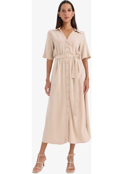 Gömlek Yaka Kuşaklı Kısa Kollu Midi Yazlık Elbise F1825AX25SM