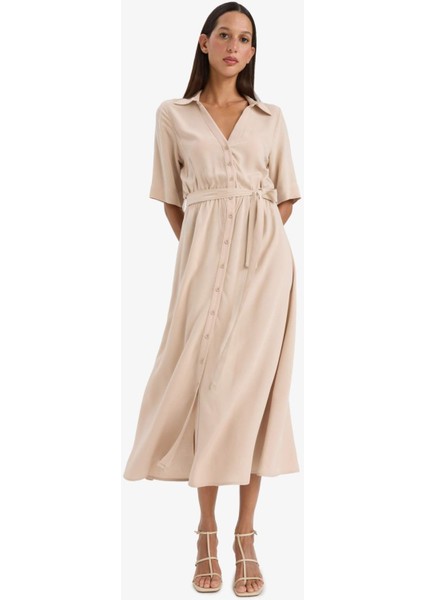 Gömlek Yaka Kuşaklı Kısa Kollu Midi Yazlık Elbise F1825AX25SM