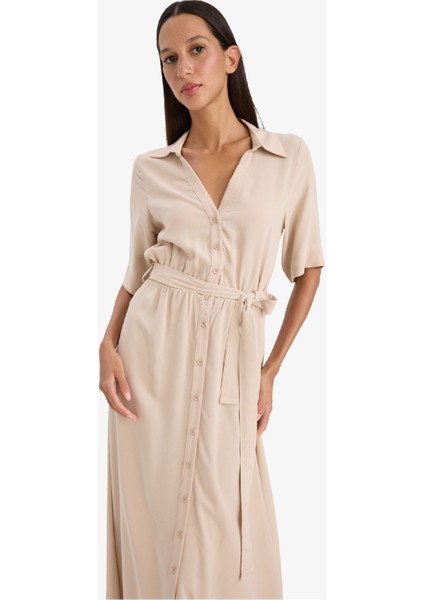 Gömlek Yaka Kuşaklı Kısa Kollu Midi Yazlık Elbise F1825AX25SM