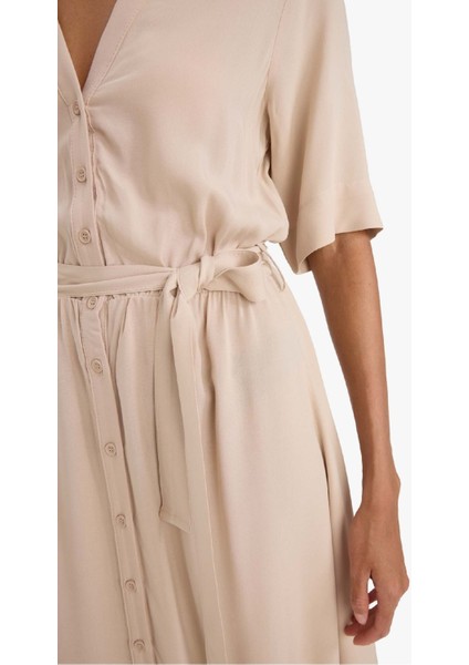 Gömlek Yaka Kuşaklı Kısa Kollu Midi Yazlık Elbise F1825AX25SM