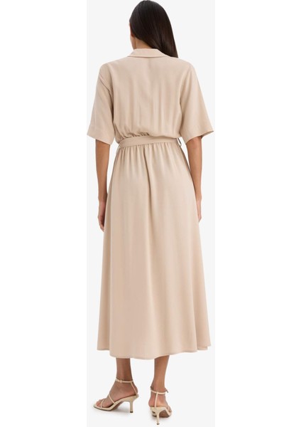 Gömlek Yaka Kuşaklı Kısa Kollu Midi Yazlık Elbise F1825AX25SM