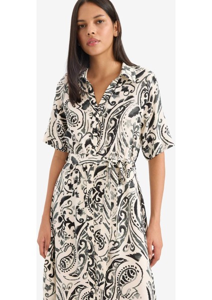 Gömlek Yaka Çiçek Desenli Kuşaklı Kısa Kollu Midi Yazlık Elbise F1827AX25SM