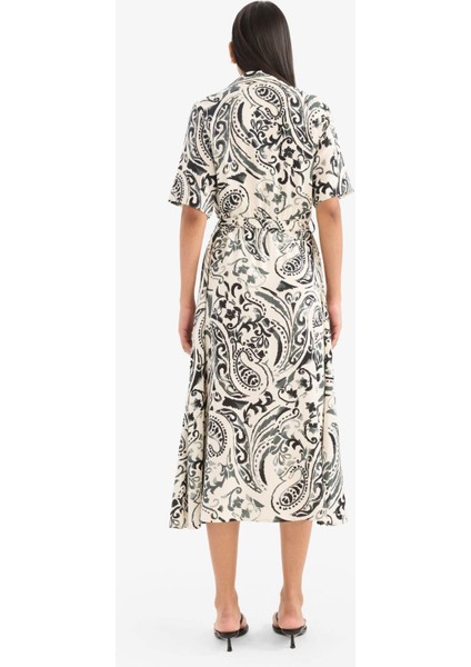 Gömlek Yaka Çiçek Desenli Kuşaklı Kısa Kollu Midi Yazlık Elbise F1827AX25SM