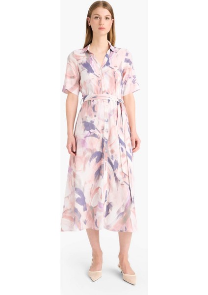 Gömlek Yaka Batik Desenli Kuşaklı Kısa Kollu Midi Yazlık Elbise F1827AX25SM