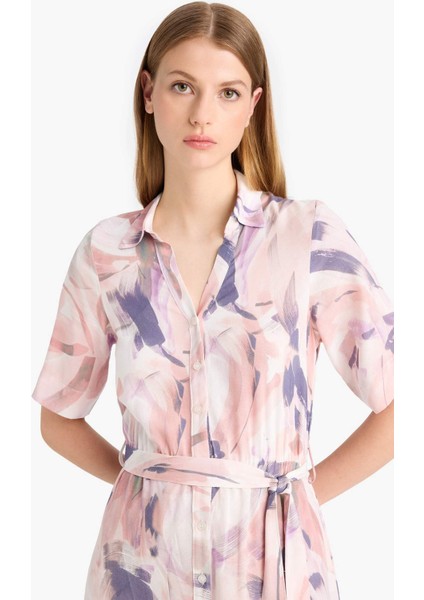 Gömlek Yaka Batik Desenli Kuşaklı Kısa Kollu Midi Yazlık Elbise F1827AX25SM