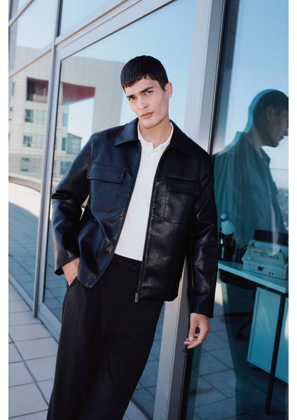 Slim Fit Dar Kesim Polo Yaka İç Cepli Fermuarlı Suni Deri Mont Ceket F0503AX25AU