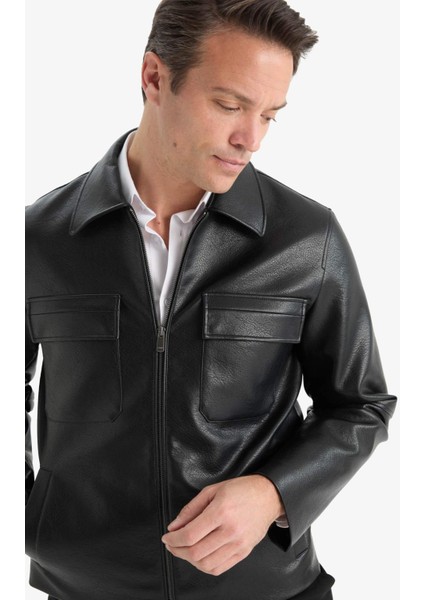 Slim Fit Dar Kesim Polo Yaka İç Cepli Fermuarlı Suni Deri Mont Ceket F0503AX25AU