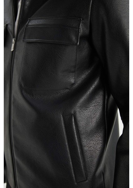 Slim Fit Dar Kesim Polo Yaka İç Cepli Fermuarlı Suni Deri Mont Ceket F0503AX25AU