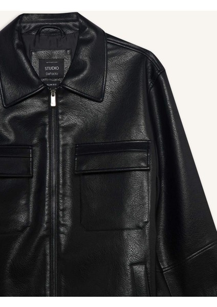 Slim Fit Dar Kesim Polo Yaka İç Cepli Fermuarlı Suni Deri Mont Ceket F0503AX25AU