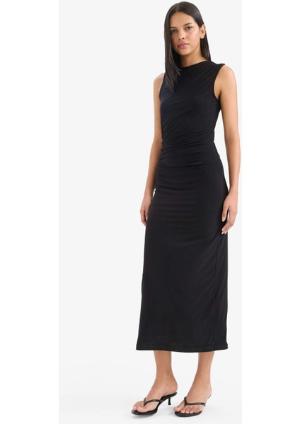 Bodycon Vücudu Saran Dik Yaka Basic Düz Kolsuz Maxi Abiye Elbise F1846AX25SM