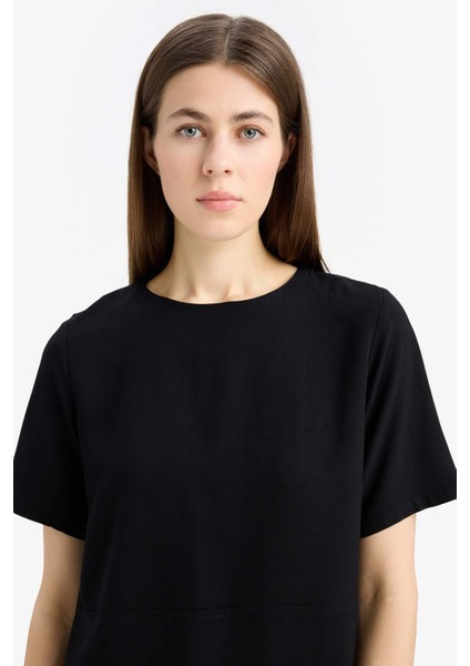 Bisiklet Yaka Basic Düz Kısa Kollu Mini Yazlık Elbise F1835AX25SM