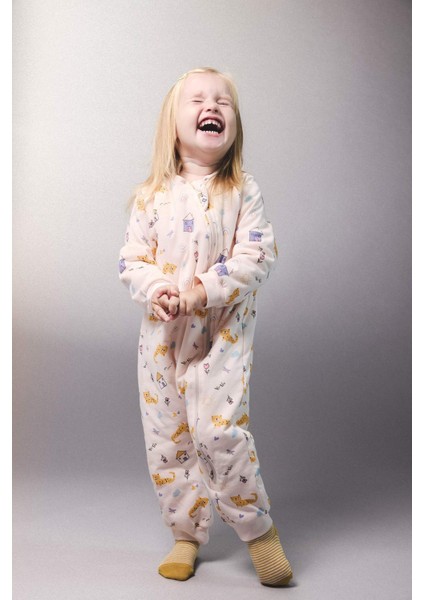 Kız Bebek Yenidoğan 1 Tog Elyaf Desenli Fermuarlı Penye Uzun Kollu Tulum F2189A525AU