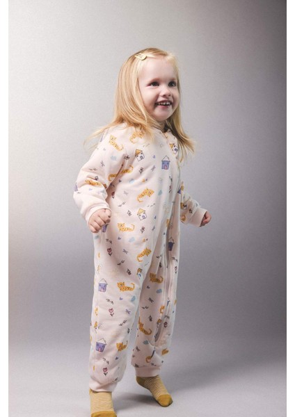 Kız Bebek Yenidoğan 1 Tog Elyaf Desenli Fermuarlı Penye Uzun Kollu Tulum F2189A525AU