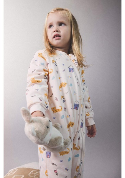 Kız Bebek Yenidoğan 1 Tog Elyaf Desenli Fermuarlı Penye Uzun Kollu Tulum F2189A525AU