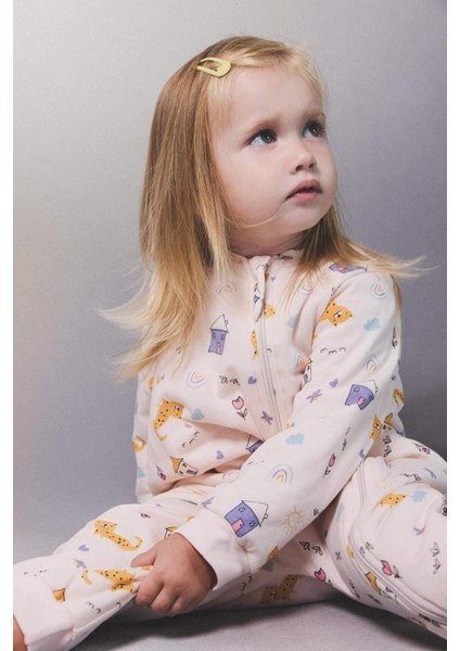 Kız Bebek Yenidoğan 1 Tog Elyaf Desenli Fermuarlı Penye Uzun Kollu Tulum F2189A525AU