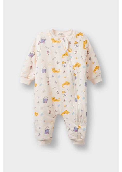 Kız Bebek Yenidoğan 1 Tog Elyaf Desenli Fermuarlı Penye Uzun Kollu Tulum F2189A525AU