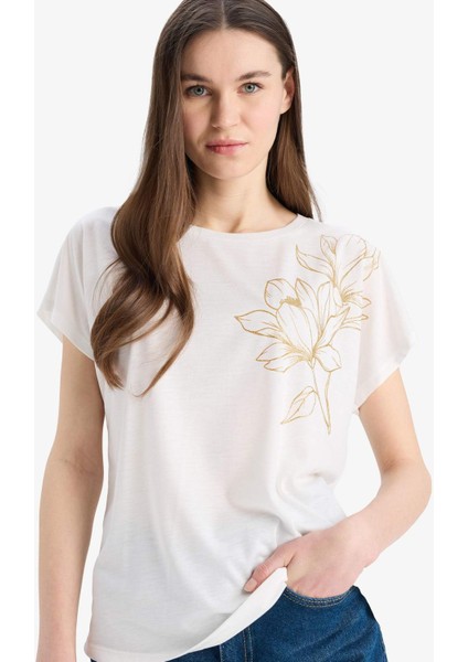 Bisiklet Yaka Baskılı Kısa Kollu Tişört E9892AX25SM