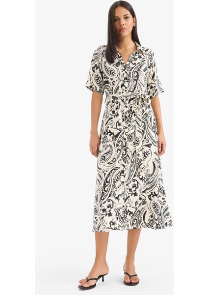 Gömlek Yaka Çiçek Desenli Kuşaklı Kısa Kollu Midi Yazlık Elbise F1827AX25SM