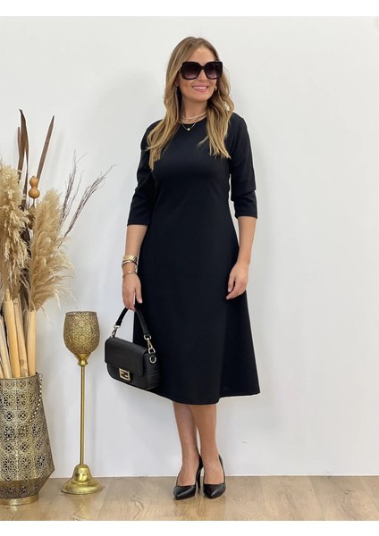 Kadın Uzun Truvakar Kol Bisiklet Yaka Midi Modal Elbise modelleri