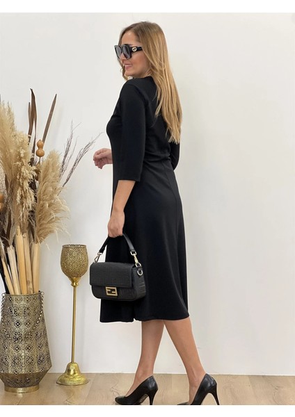 Kadın Uzun Truvakar Kol Bisiklet Yaka Midi Modal Elbise