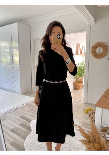 Kadın Uzun Truvakar Kol Bisiklet Yaka Midi Modal Elbise