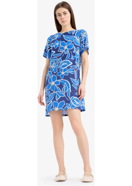 Bisiklet Yaka Çiçek Desenli Kısa Kollu Mini Yazlık Elbise F1834AX25SM