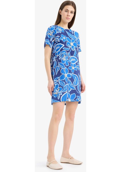 Bisiklet Yaka Çiçek Desenli Kısa Kollu Mini Yazlık Elbise F1834AX25SM