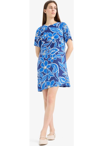 Bisiklet Yaka Çiçek Desenli Kısa Kollu Mini Yazlık Elbise F1834AX25SM