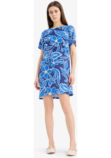 Bisiklet Yaka Çiçek Desenli Kısa Kollu Mini Yazlık Elbise F1834AX25SM