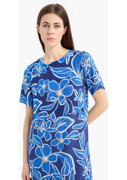 Bisiklet Yaka Çiçek Desenli Kısa Kollu Mini Yazlık Elbise F1834AX25SM