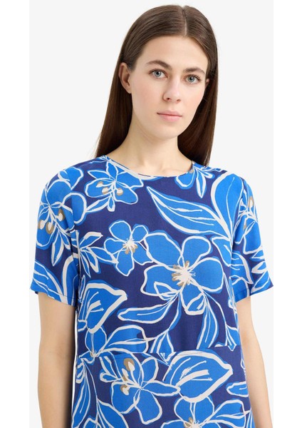 Bisiklet Yaka Çiçek Desenli Kısa Kollu Mini Yazlık Elbise F1834AX25SM