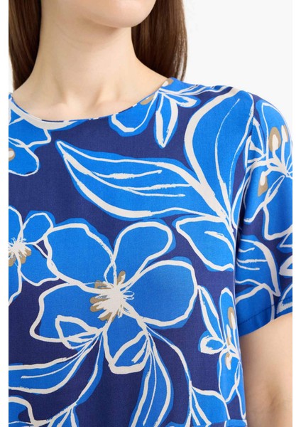 Bisiklet Yaka Çiçek Desenli Kısa Kollu Mini Yazlık Elbise F1834AX25SM