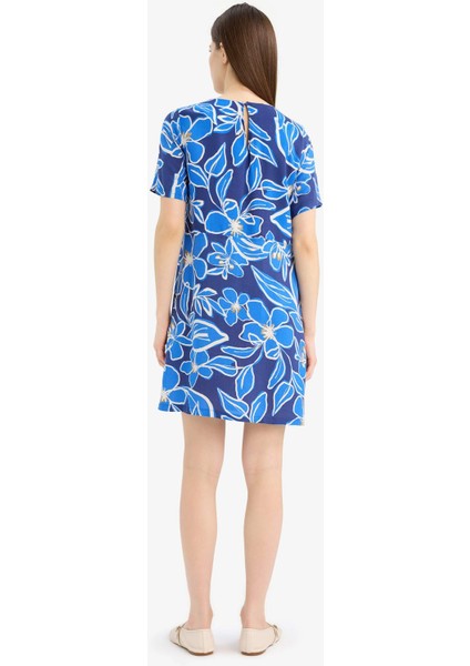 Bisiklet Yaka Çiçek Desenli Kısa Kollu Mini Yazlık Elbise F1834AX25SM